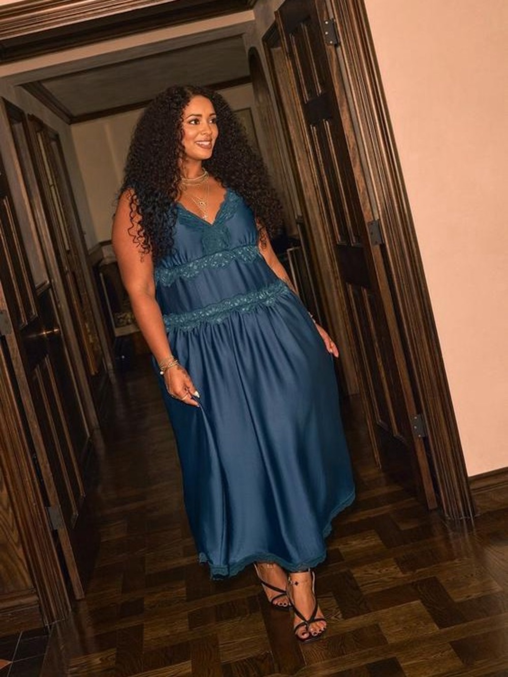 Torrid 2x Festi Deep Teal Satin Maxi Dress with Lace Trim